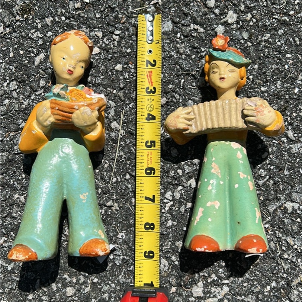 Charming Vintage Musician Figurines - Green and Orange Chalkware Statues